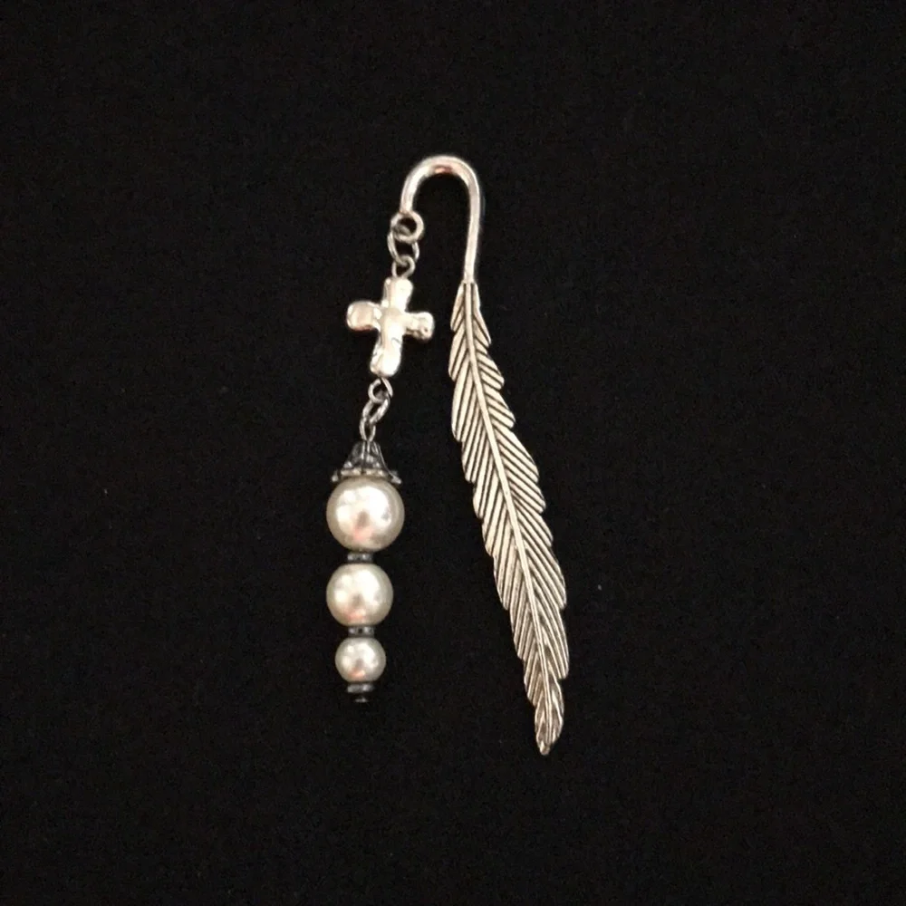 Metal Feather Hook Bookmark w/Metal Cross Bead & 3 White Glass Beads w/Bead Cap
